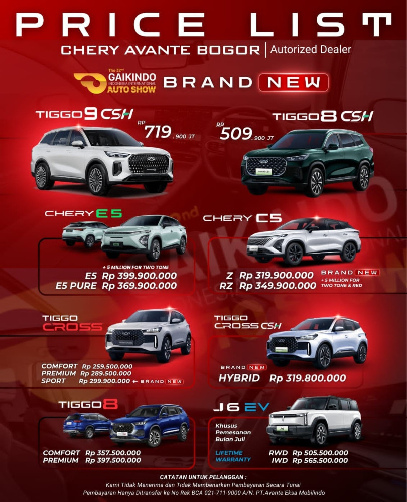 Pricelist Harga Chery koja 2025